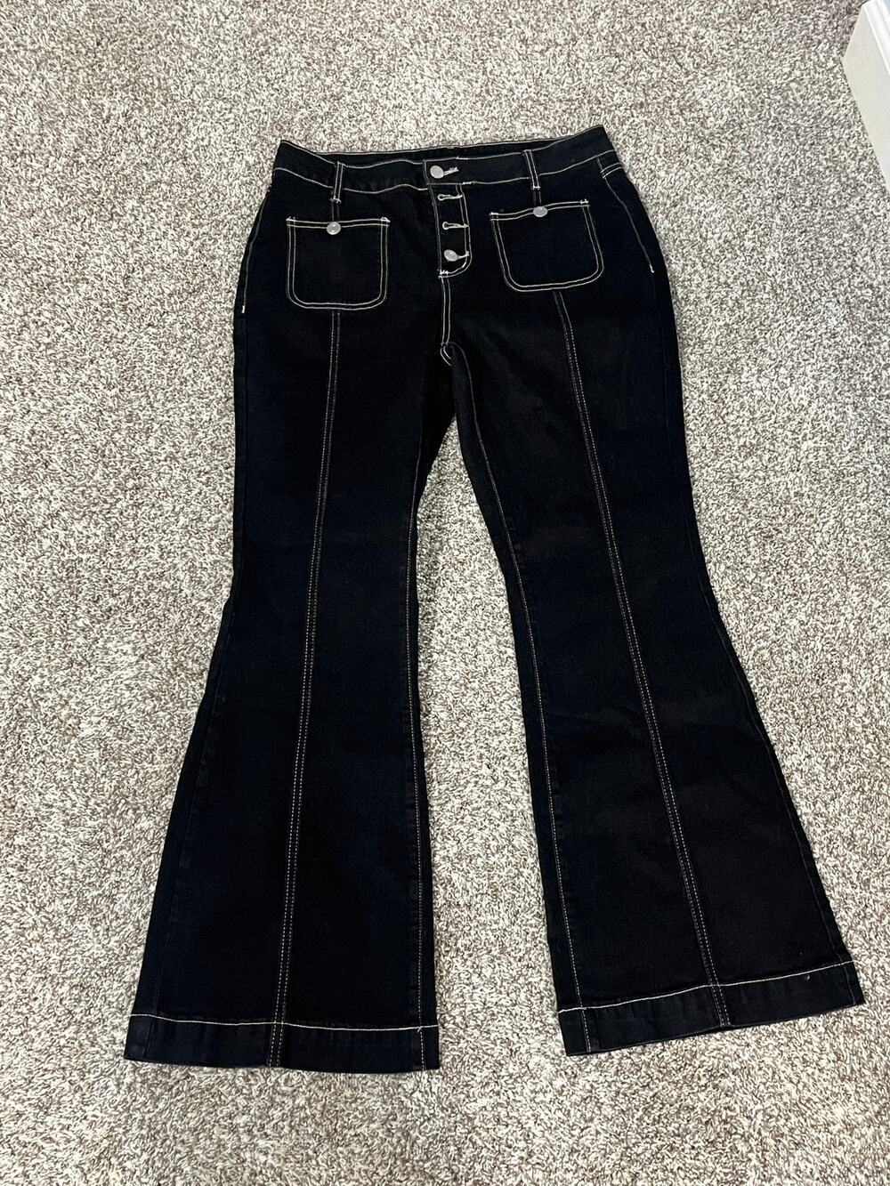 Women’s Black Flare Jeans XL Contrast Stitch Wide Leg Sailor Button Denim